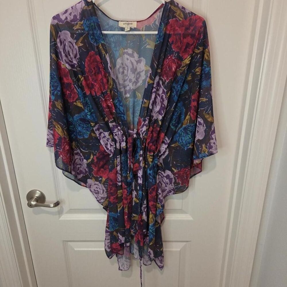 Umgee Floral Kimono Robe Dress Sheer Drawstring Boho Size Small